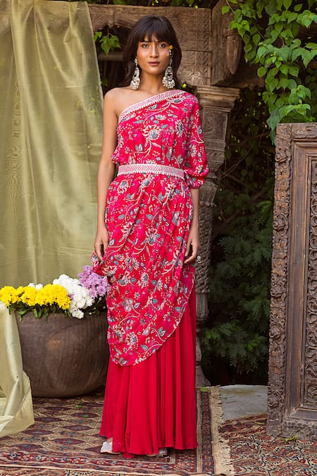 Chhavvi Aggarwal_Red Crepe, Georgette One Shoulder Printed Tunic With Flared Pant _Online_at_Aza_Fashions