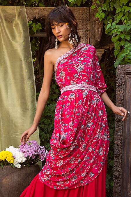 Buy_Chhavvi Aggarwal_Red Crepe, Georgette One Shoulder Printed Tunic With Flared Pant _Online_at_Aza_Fashions