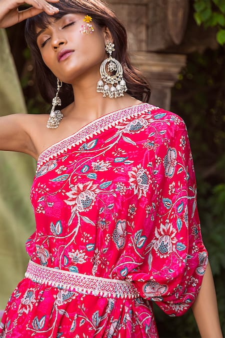 Shop_Chhavvi Aggarwal_Red Crepe, Georgette One Shoulder Printed Tunic With Flared Pant _Online_at_Aza_Fashions