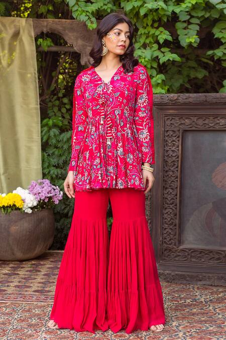 Chhavvi Aggarwal Red Crepe V Neck Printed Peplum Top And Sharara Set Online at Aza Fashions Chhavvi Aggarwal_Red Crepe V Neck Printed Peplum Top And Sharara Set _Online_at_Aza_Fashions