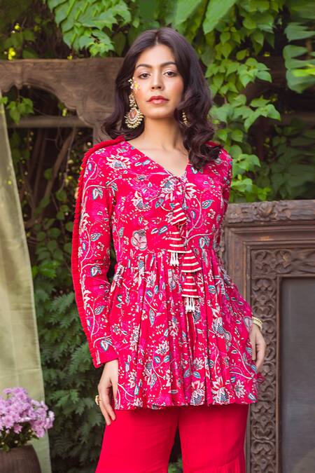Buy Chhavvi Aggarwal Red Crepe V Neck Printed Peplum Top And Sharara Set Online at Aza Fashions Buy_Chhavvi Aggarwal_Red Crepe V Neck Printed Peplum Top And Sharara Set _Online_at_Aza_Fashions