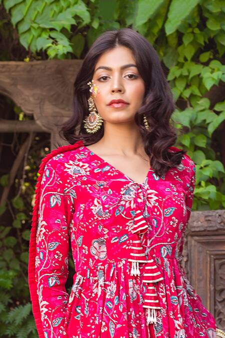 Shop Chhavvi Aggarwal Red Crepe V Neck Printed Peplum Top And Sharara Set Online at Aza Fashions Shop_Chhavvi Aggarwal_Red Crepe V Neck Printed Peplum Top And Sharara Set _Online_at_Aza_Fashions