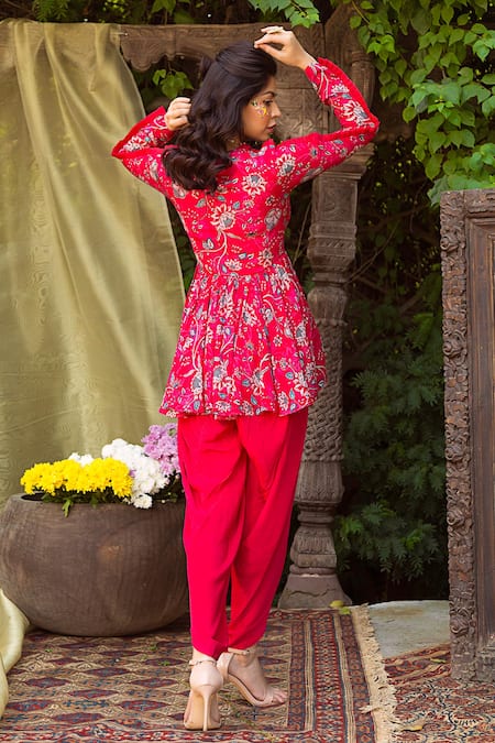Shop Chhavvi Aggarwal Red Crepe V Neck Floral Print Tunic And Dhoti Pant Set at Aza Fashions Shop_Chhavvi Aggarwal_Red Crepe V Neck Floral Print Tunic And Dhoti Pant Set _at_Aza_Fashions