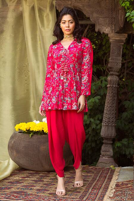 Chhavvi Aggarwal Red Crepe V Neck Floral Print Tunic And Dhoti Pant Set Online at Aza Fashions Chhavvi Aggarwal_Red Crepe V Neck Floral Print Tunic And Dhoti Pant Set _Online_at_Aza_Fashions