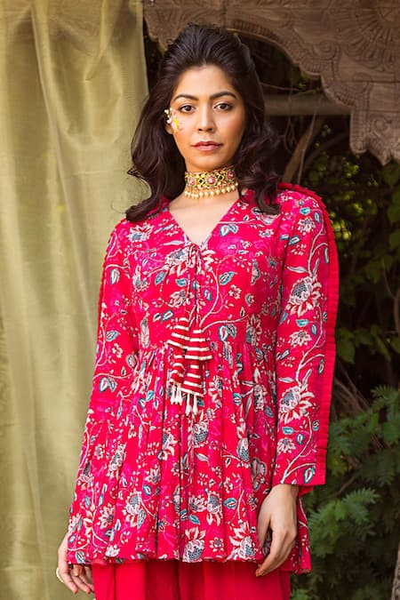 Buy Chhavvi Aggarwal Red Crepe V Neck Floral Print Tunic And Dhoti Pant Set Online at Aza Fashions Buy_Chhavvi Aggarwal_Red Crepe V Neck Floral Print Tunic And Dhoti Pant Set _Online_at_Aza_Fashions
