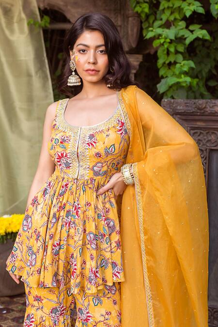 Shop Chhavvi Aggarwal Yellow Organza, Crepe Scoop Neck Floral Print Kurta Sharara Set Online at Aza Fashions Shop_Chhavvi Aggarwal_Yellow Organza, Crepe Scoop Neck Floral Print Kurta Sharara Set _Online_at_Aza_Fashions