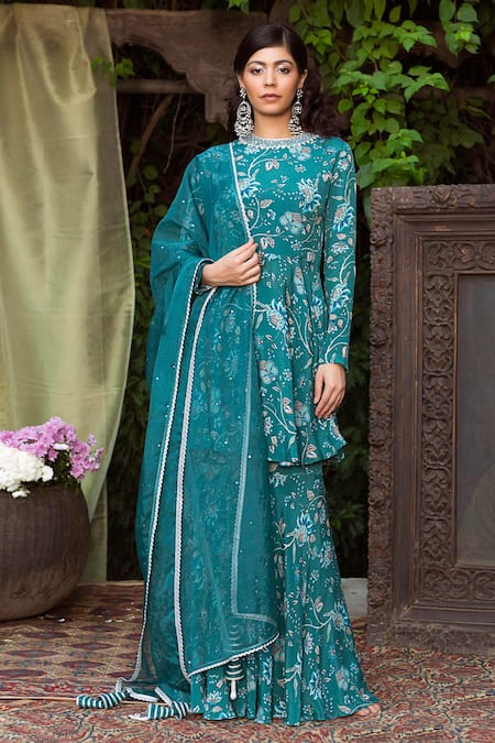 Chhavvi Aggarwal Green Organza Round Floral Print Kurta Sharara Set 