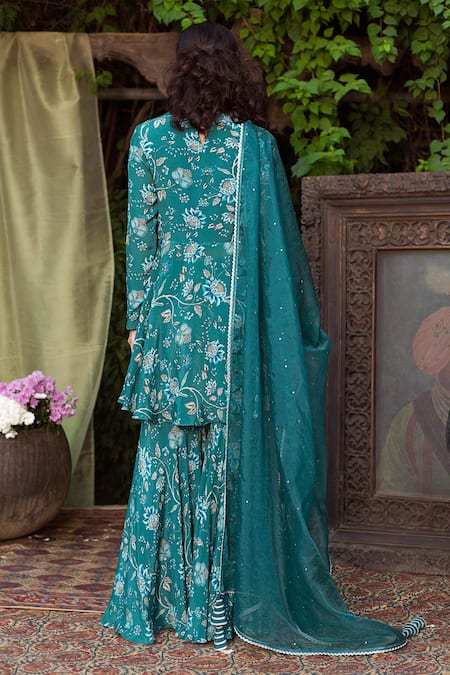 Shop Chhavvi Aggarwal Green Organza, Crepe Round Floral Print Kurta Sharara Set at Aza Fashions Shop_Chhavvi Aggarwal_Green Organza, Crepe Round Floral Print Kurta Sharara Set _at_Aza_Fashions