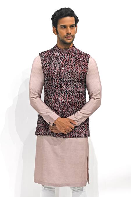 Buy_Gram Of Ink_Pink Silk, Cotton Lycra, Chenille Textured Bundi And Kurta Set_Online_at_Aza_Fashions