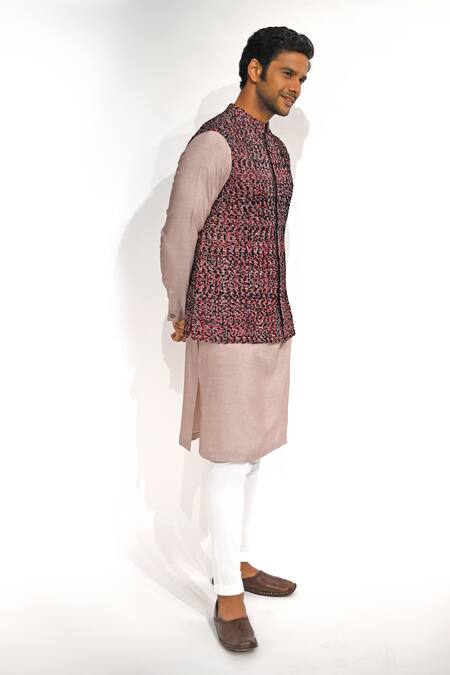 Gram Of Ink_Pink Silk, Cotton Lycra, Chenille Textured Bundi And Kurta Set_Online_at_Aza_Fashions