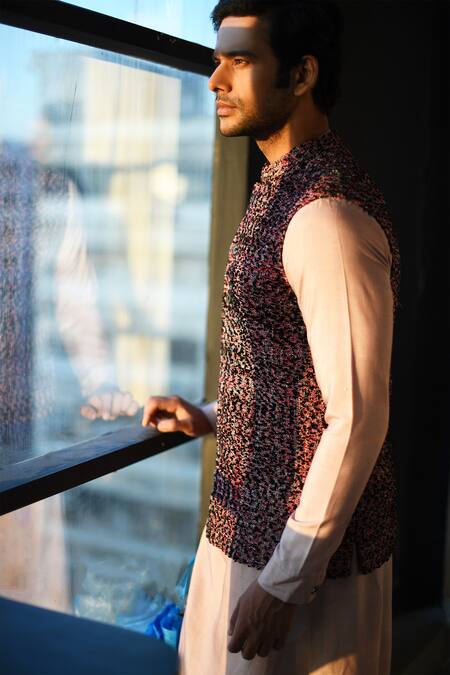 Shop_Gram Of Ink_Pink Silk, Cotton Lycra, Chenille Textured Bundi And Kurta Set_Online_at_Aza_Fashions