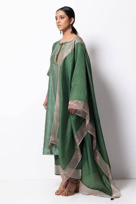 Buy_Bhavik Shah_Green Kurta Handwoven Chanderi  Dupatta Chanderi Pant Cotton Set _Online_at_Aza_Fashions