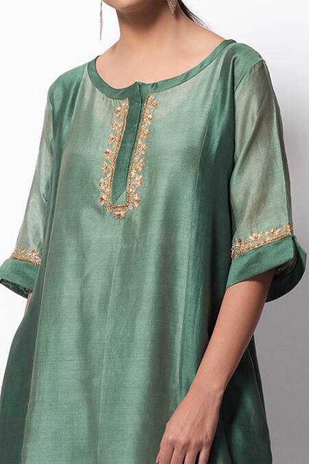 Shop_Bhavik Shah_Green Kurta Handwoven Chanderi  Dupatta Chanderi Pant Cotton Set _Online_at_Aza_Fashions