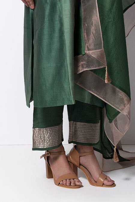 Bhavik Shah_Green Kurta Handwoven Chanderi  Dupatta Chanderi Pant Cotton Set _at_Aza_Fashions