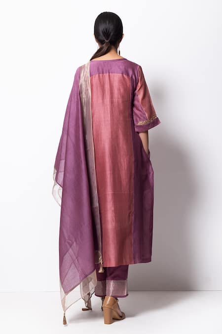 Shop Bhavik Shah Purple Kurta Handwoven Chanderi Dupatta Chanderi Pant Cotton Set at Aza Fashions Shop_Bhavik Shah_Purple Kurta Handwoven Chanderi Dupatta Chanderi Pant Cotton Set _at_Aza_Fashions