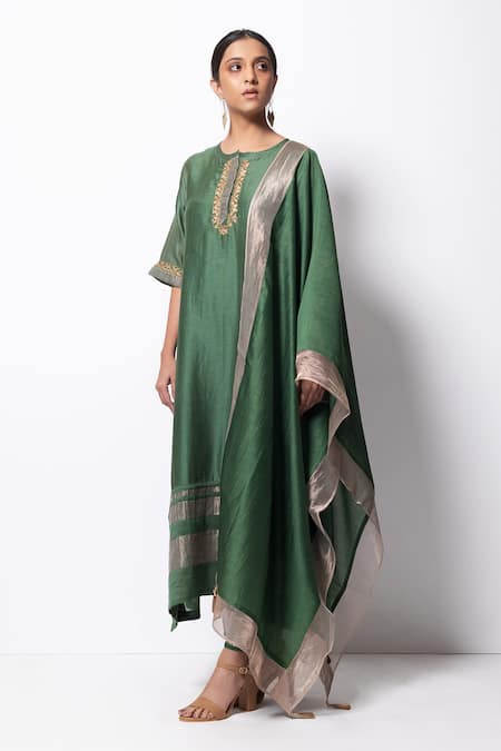 Buy Green Kurta Handwoven Chanderi Silk Dupatta Chanderi Pant Set For ...