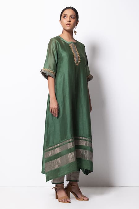 Bhavik Shah_Green Kurta Handwoven Chanderi  Dupatta Chanderi Pant Cotton Set _Online_at_Aza_Fashions