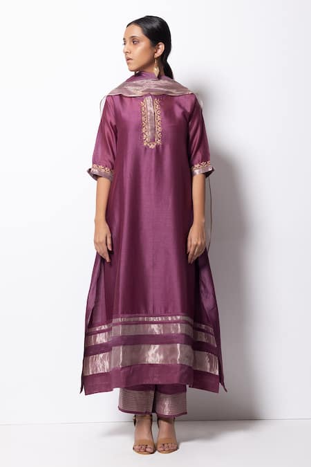 Bhavik Shah_Pink Kurta Handwoven Chanderi  Dupatta Chanderi Pant Cotton Set _Online_at_Aza_Fashions