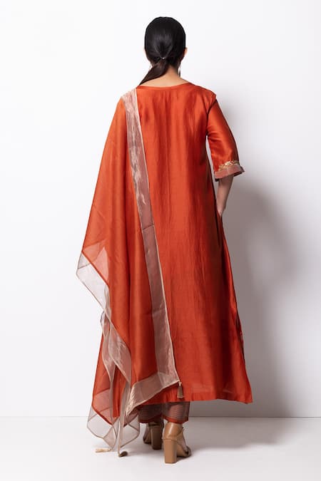 Shop_Bhavik Shah_Orange Dupatta , Kurta Handwoven , Pant Cotton Set _at_Aza_Fashions