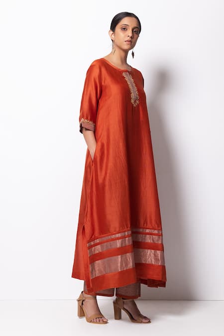 Bhavik Shah_Orange Dupatta , Kurta Handwoven , Pant Cotton Set _Online_at_Aza_Fashions
