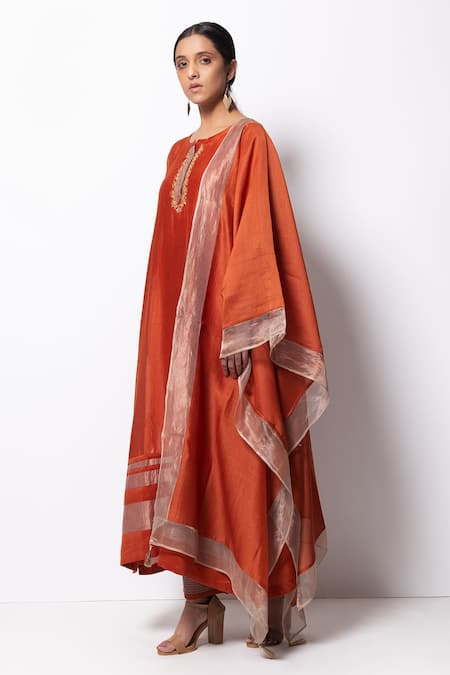 Buy_Bhavik Shah_Orange Dupatta , Kurta Handwoven , Pant Cotton Set _Online_at_Aza_Fashions