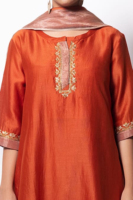 Shop_Bhavik Shah_Orange Dupatta , Kurta Handwoven , Pant Cotton Set _Online_at_Aza_Fashions