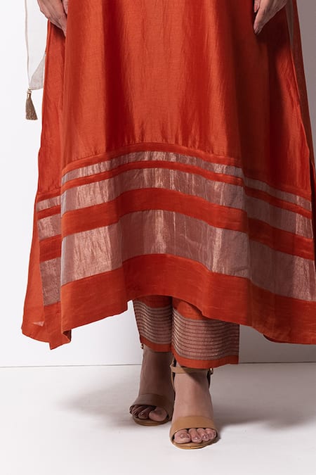 Bhavik Shah_Orange Dupatta , Kurta Handwoven , Pant Cotton Set _at_Aza_Fashions