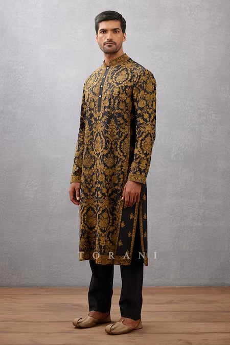 Torani_Black Handwoven Chanderi Floral Nisha Mir Kurta Set _Online_at_Aza_Fashions