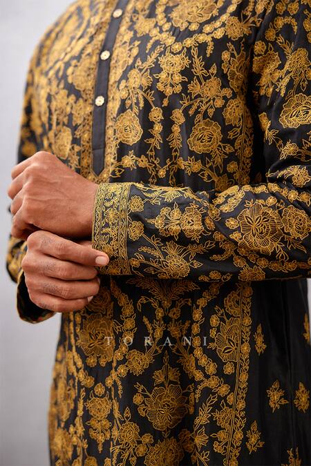 Shop_Torani_Black Handwoven Chanderi Floral Nisha Mir Kurta Set _Online_at_Aza_Fashions