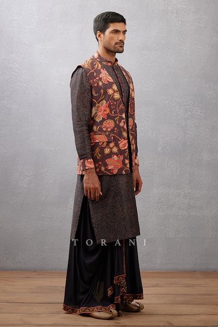 Torani_Black Bundi And Dhoti Cotton Silk, Kurta Handwoven Nisha Yusuf Printed & Set _Online_at_Aza_Fashions