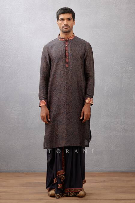 Buy_Torani_Black Bundi And Dhoti Cotton Silk, Kurta Handwoven Nisha Yusuf Printed & Set _Online_at_Aza_Fashions