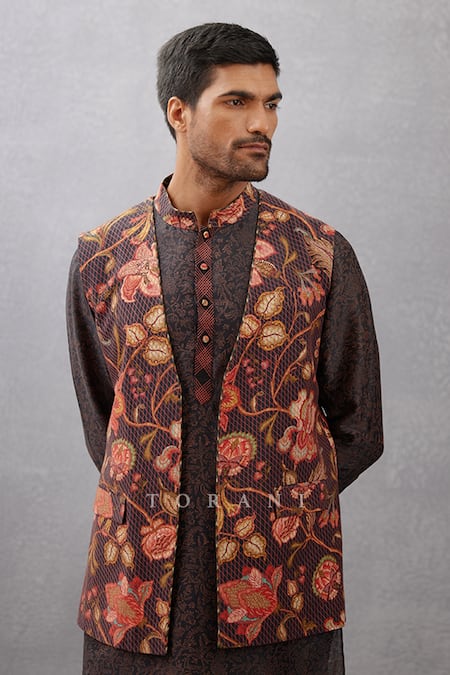 Shop_Torani_Black Bundi And Dhoti Cotton Silk, Kurta Handwoven Nisha Yusuf Printed & Set _Online_at_Aza_Fashions