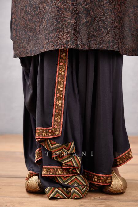 Torani_Black Bundi And Dhoti Cotton Silk, Kurta Handwoven Nisha Yusuf Printed & Set _at_Aza_Fashions