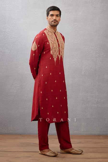 Torani Red Viscose Raw Silk Embroidered Dori Gudhal Balochi Work Kurta Set  