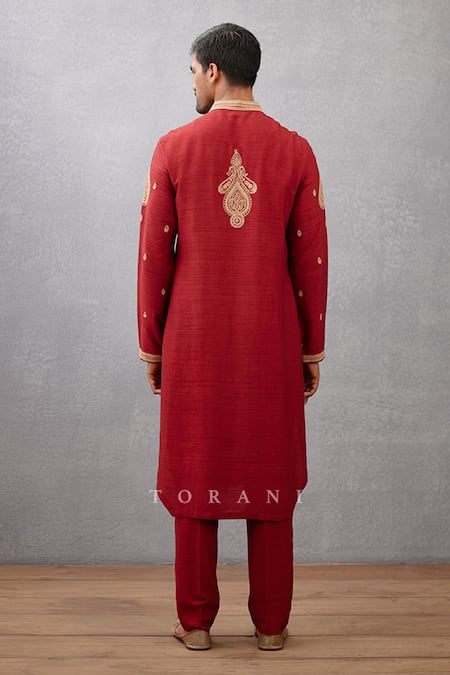 Shop Torani Red Viscose Raw Silk Dori Gudhal Balochi Work Kurta Set at Aza Fashions Shop_Torani_Red Viscose Raw Silk Dori Gudhal Balochi Work Kurta Set _at_Aza_Fashions