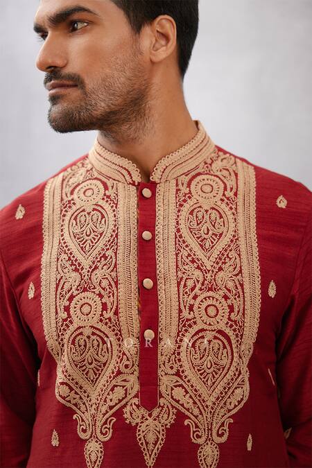 Shop Torani Red Viscose Raw Silk Dori Gudhal Balochi Work Kurta Set Online at Aza Fashions Shop_Torani_Red Viscose Raw Silk Dori Gudhal Balochi Work Kurta Set _Online_at_Aza_Fashions