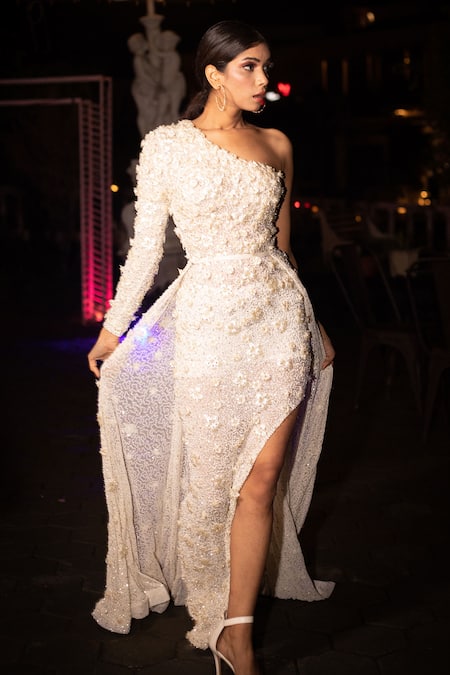 Chisel By Meghna Ramrakhiya White Stretchable Net Floral Motifs, Sequin One Shoulder Embroidered Gown 