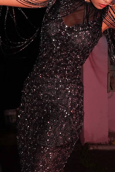 Chisel By Meghna Ramrakhiya Black Stretchable Net Sequin Round Neck Embroidered Gown Online at Aza Fashions Chisel By Meghna Ramrakhiya_Black Stretchable Net Sequin Round Neck Embroidered Gown _Online_at_Aza_Fashions