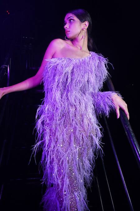 Chisel By Meghna Ramrakhiya_Purple Stretchable Net Sequin, Feather One Shoulder Gown _Online_at_Aza_Fashions