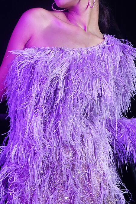 Buy_Chisel By Meghna Ramrakhiya_Purple Stretchable Net Sequin, Feather One Shoulder Gown _Online_at_Aza_Fashions