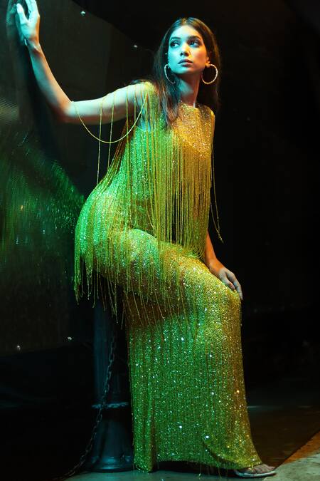 Chisel By Meghna Ramrakhiya Yellow Stretchable Net Cutdana Work, Sequin Boat Neck Fringe Embroidered Gown Online at Aza Fashions Chisel By Meghna Ramrakhiya_Yellow Stretchable Net Cutdana Work, Sequin Boat Neck Fringe Embroidered Gown _Online_at_Aza_Fashions