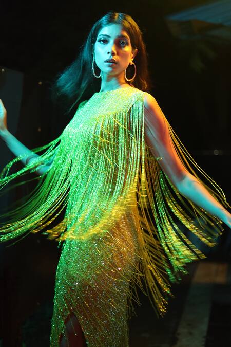 Buy Chisel By Meghna Ramrakhiya Yellow Stretchable Net Cutdana Work, Sequin Boat Neck Fringe Embroidered Gown Online at Aza Fashions Buy_Chisel By Meghna Ramrakhiya_Yellow Stretchable Net Cutdana Work, Sequin Boat Neck Fringe Embroidered Gown _Online_at_Aza_Fashions