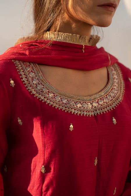 Shop_Apeksha Jain Label_Red Marori , Gota Patti Round Hand Embroidered Anarkali Set _Online_at_Aza_Fashions