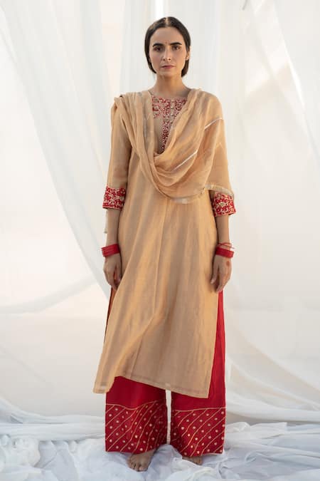 Apeksha Jain Label Red Chanderi Hand Embroidered Zardozi Work Round Kurta Palazzo Set