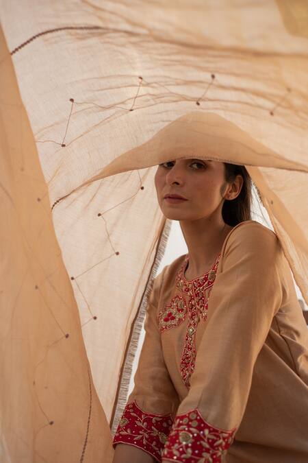 Apeksha Jain Label_Red Chanderi Sequin , Zardozi Round Kurta Palazzo Set_Online_at_Aza_Fashions