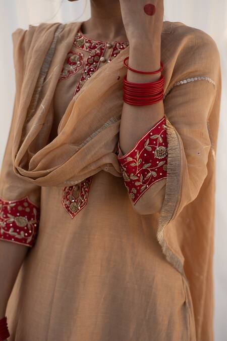 Shop_Apeksha Jain Label_Red Chanderi Sequin , Zardozi Round Kurta Palazzo Set_Online_at_Aza_Fashions