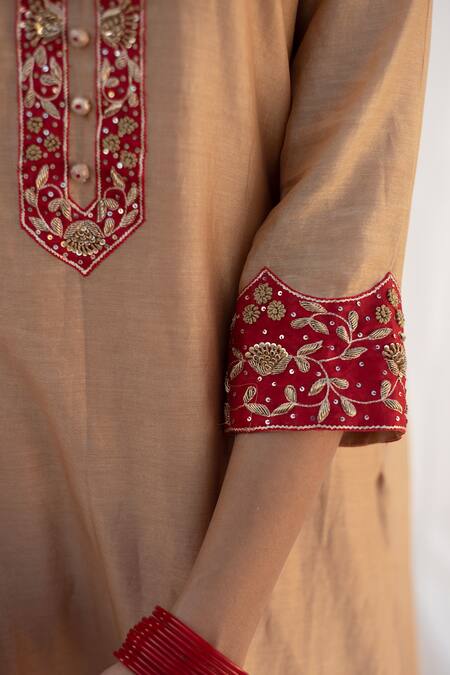 Apeksha Jain Label_Red Chanderi Sequin , Zardozi Round Kurta Palazzo Set_at_Aza_Fashions