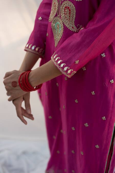 Buy_Apeksha Jain Label_Pink Organza, Chanderi Sequin , Gota Patti Round Kurta Set_Online_at_Aza_Fashions