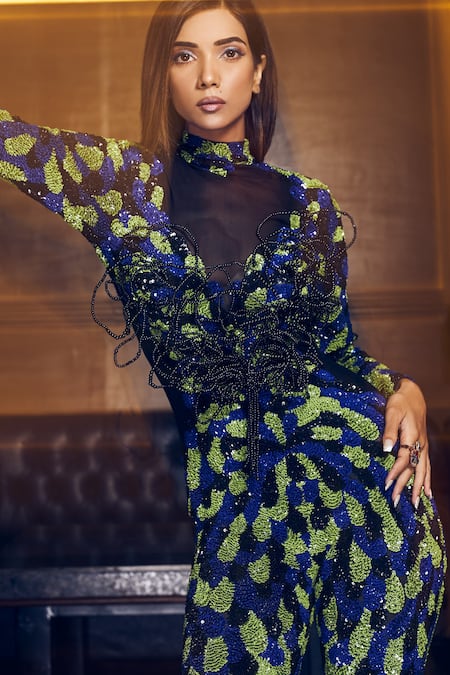 Buy_Chisel By Meghna Ramrakhiya_Multi Color Stretchable Net Sequin And 3d Pearl Wire Illusion Jumpsuit _Online_at_Aza_Fashions