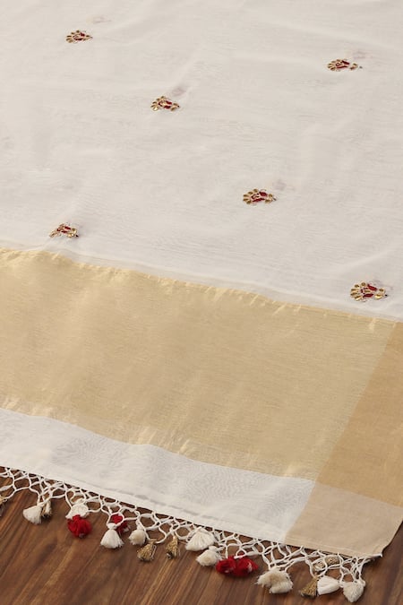 Weaver Story_White Pure Chanderi Silk Zardozi Dupatta _at_Aza_Fashions